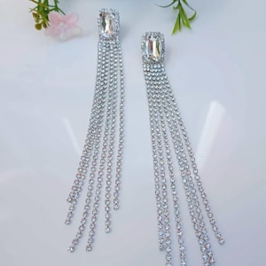 Silver Crystal Tassel Earrings, Rhinestone Fringe Earrings, Waterfall Earrings, Wedding Earrings, Long Drop Duster Earrings, Bridal Earrings