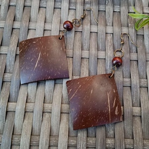 Brown Square Coconut Shell Earrings, Diamond Shaped Wooden Dangle Earrings, Large Tribal Earrings, Statement Earrings, Boho Earrings, Gifts