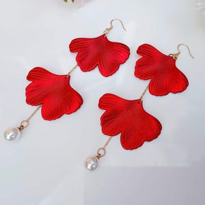 Large Red Petal Earrings & Pearl, Long Floral Dangle Earrings, Big Red Flower Earrings, Oversized Statement Earrings, Bohemian Leaf Earrings