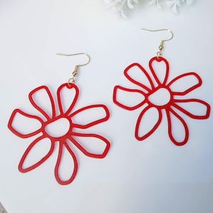 Large Red Flower Earrings, Big Floral Earrings, Red Boho Earrings, Oversized Statement Earrings, Bohemian Floral Drop Earrings, Gift For Her