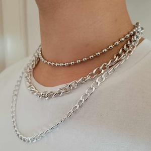 Silver Triple Layer Chain Necklace Set, Multi Strand Necklace, Triple Tiered Necklace, Link Chain Stacking Necklace, Unisex Layered Necklace