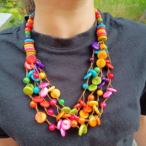 Multicoloured Tagua Disc and Beads Statement Necklace, Colourful Tagua Nut Bib Necklace, Bold Multistrand Necklace, Boho Chunky Necklace