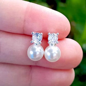 CZ and Pearl Stud Earrings, Faux Pearl Stud Earrings, Cubic Zirconia Earrings, Dainty Crystal Earrings, Wedding Earrings, Bridal Earrings