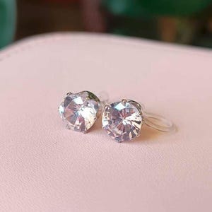 Round CZ Crystal Invisible Clip On Earrings, Dainty Cubic Zirconia Clip Earrings, April Birthstone Earrings, Comfy Plastic Clip On Earrings