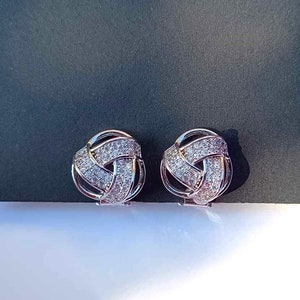 Crystal Pave Knot Clip On Earrings, Cubic Zirconia Bridal Earrings, Non Pierced Twist Circle Earrings, CZ Ball Earrings, Wedding Jewellery