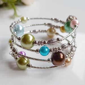 Multicoloured Pearl Beaded Wrap Bracelet, Colourful Bead Memory Wire Bracelet, Stackable Statement Bracelet, Boho Bracelet, Layered Bracelet