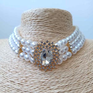 3 Row Pearl Choker with Rhinestone, Multilayer Pearl Choker, Vintage Pearl & Diamante Necklace, Bridal Pearl Choker, Wedding Necklace, Gift