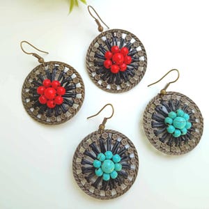 Bohemian Floral Bead Earrings, Vintage Style Disc Earrings, Artisan Earrings, Flower Earrings, Retro Earrings, Tribal Jewelry, Gift For Her