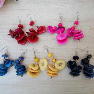 Large Tagua Earrings, Chunky Tagua Earrings, Eco Friendly Earrings, Handmade Tagua Slice Earrings, Boho Beaded Earrings, Sustainable Gift