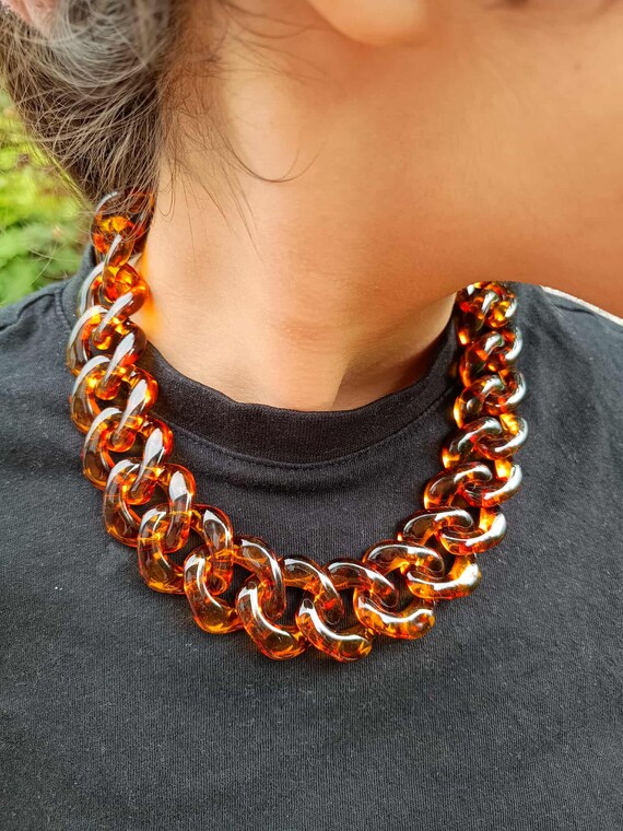 Chunky Tortoise Shell Acrylic Chain Necklace, Leopard Print Resin