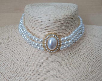 3 Strand Pearl Choker with Rhinestone, Multilayer Pearl Choker, Vintage 3 Row Pearl Necklace, Bridal Pearl Choker, Wedding Necklace, Gift