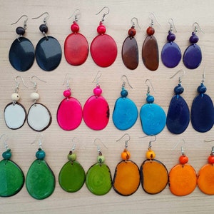 Colourful Tagua Earrings, Tagua Disc Earrings, Eco Friendly Earrings, Handmade Tagua Slice Earrings, Boho Beaded Earrings, Sustainable Gift