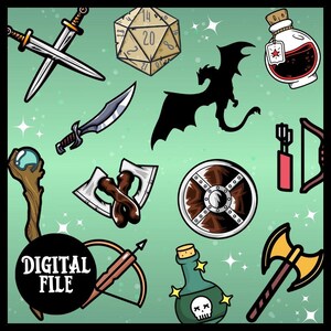 May include: A collection of fantasy role-playing game (RPG) themed digital clipart. The clipart includes a dragon, a shield, a sword, a bow and arrow, a potion bottle, a dice, an axe, and a wand.