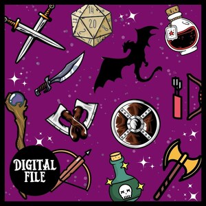 May include: A digital illustration of a collection of fantasy and role-playing game items on a purple background with white stars. The items include a sword, a dagger, a shield, a potion bottle, a dice, a dragon, a bow and arrow, an axe, and a magic staff.