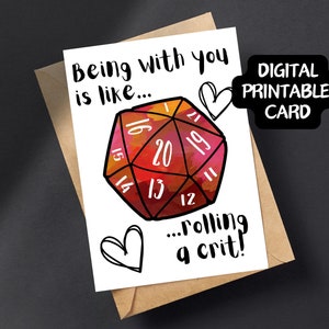 D20 Crit Love 5x7 inch afdrukbare kaart, digitale download, PDF, thuis afdrukken, D&D liefde, jubileumkaart, Valentijnsdag, dnd gaming paar