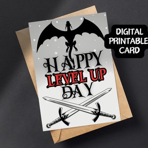 Happy Level Up Day 5x7 inch druckbare Karte, digitaler Download, PDF Druck zu Hause, D & D Geburtstagskarte, Drachenkarte, dnd Spieler Geburtstagskarte, geeky