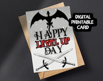 Happy Level Up Day DnD Geburtstagskarte: Geeky Drachen Design (PDF)