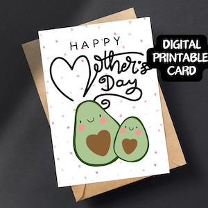 Cartão para impressão de dia das mães 5x7" PDF digital para download para imprimir em casa, cartão de felicitações para a mãe; mamãe e eu, abacate fofo, mamãe adora fazer DIY