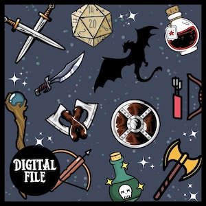 Puede incluir: Una ilustración digital de una colección de objetos temáticos de fantasía y juegos de rol, que incluyen un dragón, una espada, un escudo, una botella de poción, un dado y un arco y flecha. Los objetos están sobre un fondo azul oscuro con estrellas blancas.