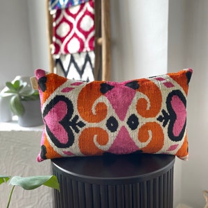 Orange Pink ikat Velvet Pillow,Heart Design Pillow Covers 12x20,Lumbar ikat Pillow,Luxury Home Decor,Velvet ikat Pillows Lumbar, Home Decor