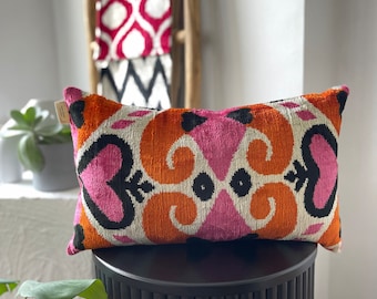 Orange Pink ikat Velvet Pillow,Heart Design Pillow Covers 12x20,Lumbar ikat Pillow,Luxury Home Decor,Velvet ikat Pillows Lumbar, Home Decor
