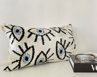 Evel Eye ikat Velvet Pillow, White Evel Eye Pillow Covers 12x20, Lumbar ikat Pillow, Velvet Decorative Pillow, Lumbar ikat Velvet Pillows