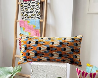 Orange Black Dot ikat Lumbar Velvet Pillow,12x24Colorful ikat Lumbar Cushion Cover,Lumbar Throw Pillow,Decorative Colorful ikat Pillow Case