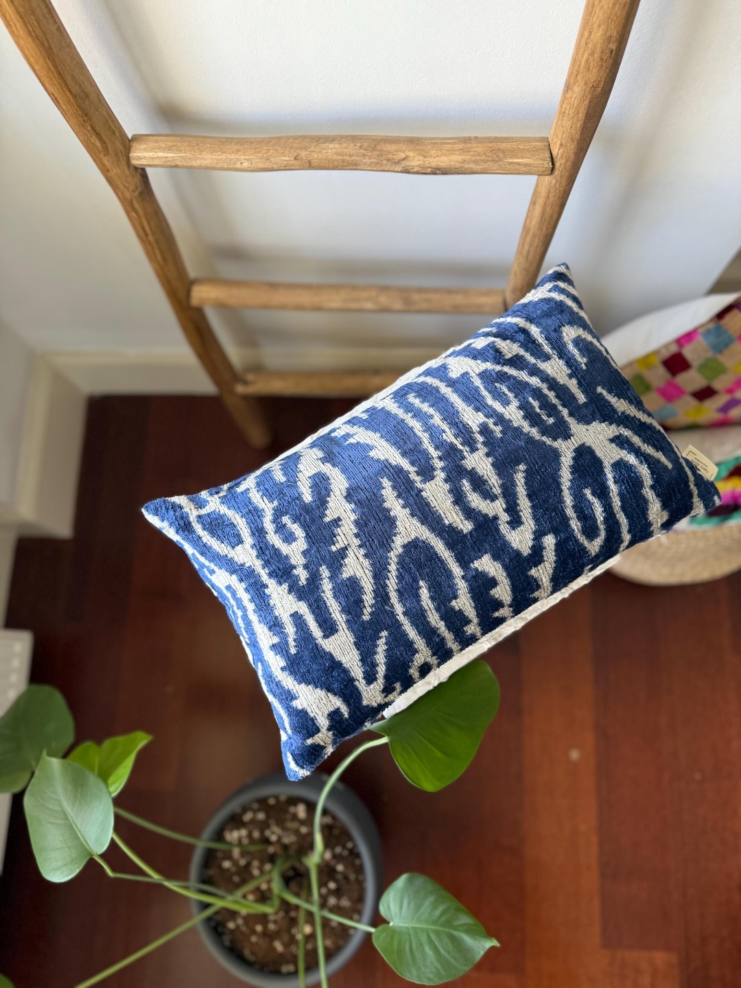 White & Blue Ikat Lumbar Pillow Cover...