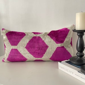Pink Decorative ikat Lumbar Velvet Pillow, 12x24 Pink ikat Lumbar Cushion Cover,  Colorful Throw Pillow, Pink and White ikat Pillow,