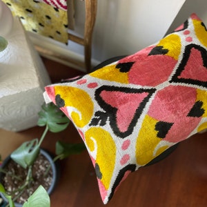 Lumbar Pillow,Yellow Orange ikat Cushion,16x24Pillow Case,Lumbar Home Decor,Decorative ikat Pillow,Orange White Cushion,Velvet ikat Lumbar