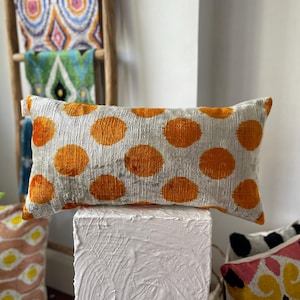 White Orange Pillow,ikat Lumbar Velvet Pillow, 12x24 Orange Dots ikat Lumbar Cushion Cover, Lumbar Throw Pillow, Decorative Colorful Pillow