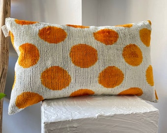 Orange Dot ikat Velvet Pillow, Orange and White Pillow Covers 12x20, Lumbar ikat Pillow, Velvet throw Pillow, Velvet ikat Pillows Dot Lumbar