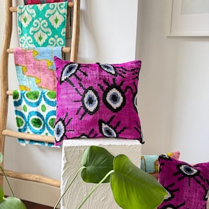 Pink Evil Eye Velvet ikat Pillow Cushion,16x16 ikat Cushion Pillow,Velvet ikat Livingroom Decor,Velvet Pillow Cover,ikat Throw Pillow