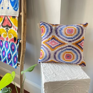 Colorful Velvet Pillow, Purple Pink Orange 16x16 , Geometric Velvet ikat Pillow Case,Sofa Home Decor Velvet ikat Cushion,Decorative Pillow