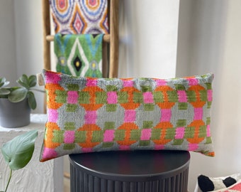 Green Orange Pink Lumbar Velvet Pillow,12x24 Colorful ikat Lumbar Cushion Cover,Lumbar Throw Pillow,Decorative Colorful ikat Pillow Case