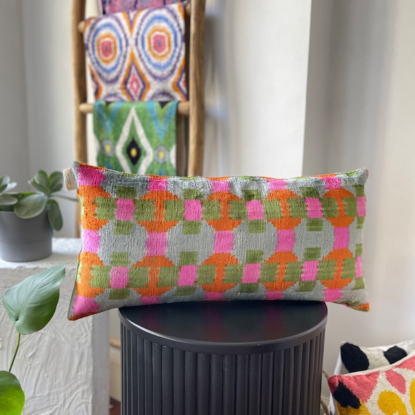 Handmade Silk Velvet Ikat Lumbar Pillow Cover: Green Orange Pink (12x24)