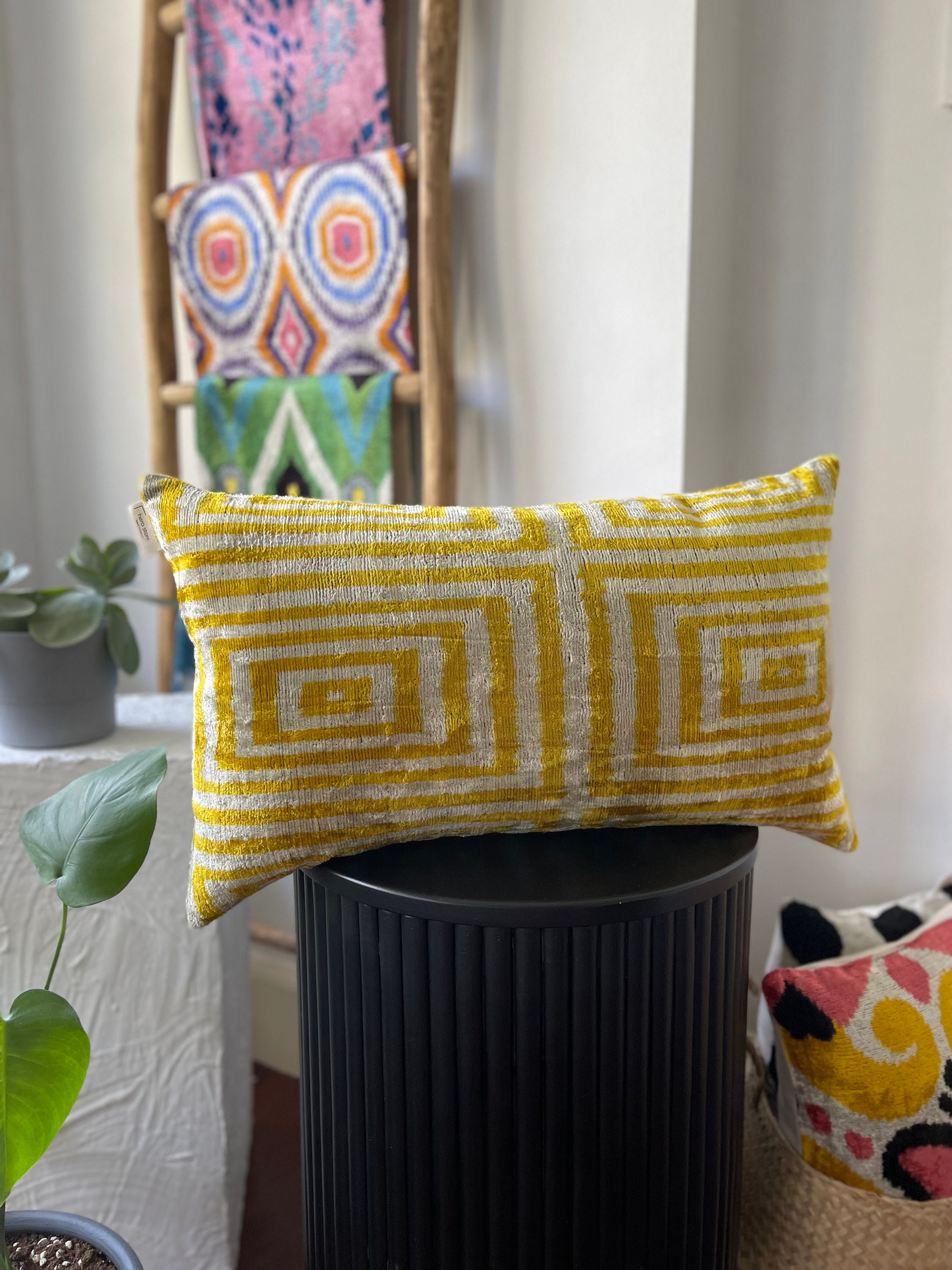 Yellow White Lumbar Pillow,16x24 Colorful Lumbar ikat Pillow,Black Pillow Cover,Velvet ikat Pillow Cover,White Stripes Design Velvet ikat