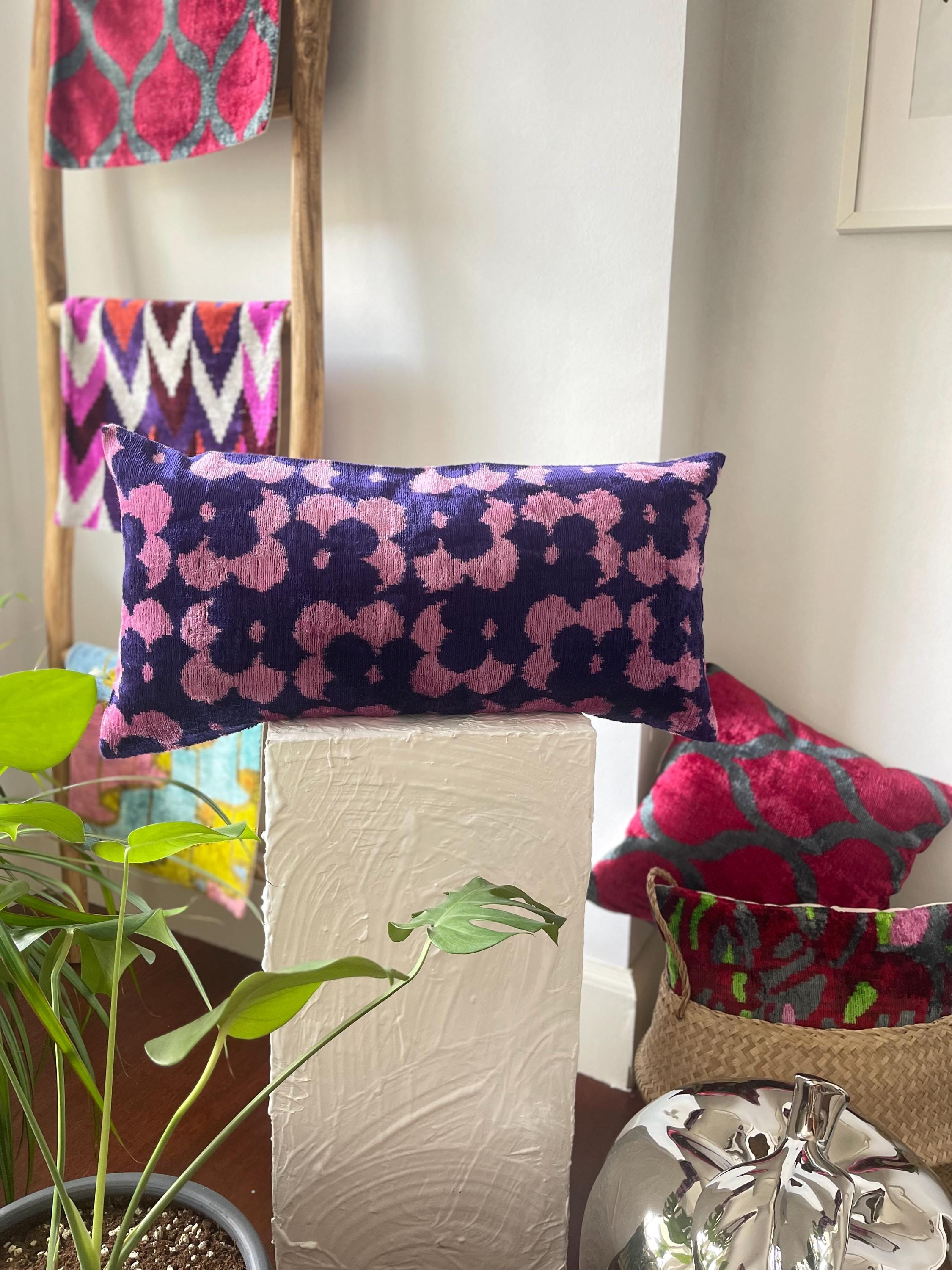 Purple Pink Floral ikat Lumbar Velvet Pillow,12x24 Colorful ikat Lumbar Cushion Cover,Lumbar Throw Pillow,Decorative Colorful ikat Pillow