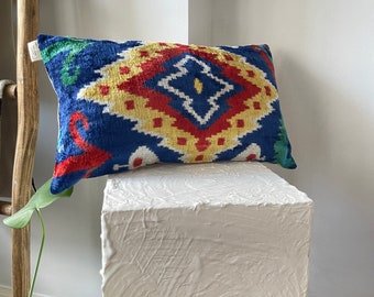 Blue Ethnic Colorful ikat Velvet Pillow, Sofa Pillow Covers 12x20, Lumbar ikat Pillow, Velvet throw Pillow, Yellow ikat Fabric Pillows