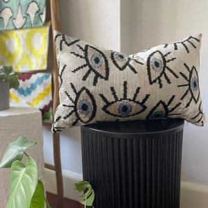 EyeEvil Lumbar ikat Pillow,White Eye Evil ikat Cushion,16x24 Pillow Case,Lumbar Home Decor,Decorative Gift idea,Handmade Velvet ikat Cushion