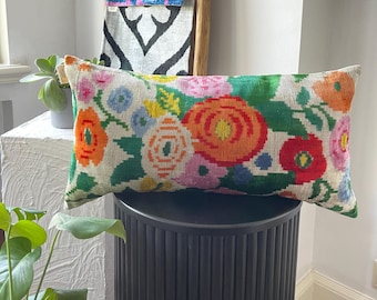 Orange Green Floral ikat Lumbar Velvet Pillow,12x24 Colorful ikat Lumbar Cushion Cover,Lumbar Throw Pillow,Decorative Colorful ikat Pillow