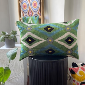Green Black White Detail Lumbar ikat Pillow,ikat Cushion,16x24 Pillow Case,Lumbar Home Decor,Decorative Gift idea,Handmade ikat Cushion