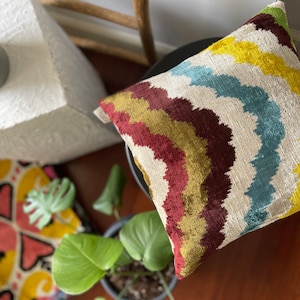 Colorful Velvet Pillow,Brown White Yellow 16x16,Colorful Design Velvet ikat Pillow Case,Sofa Home DecorVelvet ikat Cushion,Decorative Pillow