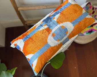 Blue Orange White Design ikat Lumbar Velvet Pillow, 12x24 Colorful ikat Lumbar Cushion Cover,  Lumbar Throw Pillow,Home Decor,Home Gift
