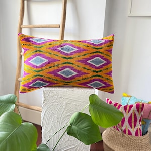 Orange Pink Geometric Lumbar ikat Pillow,Ethnic Design ikat Cushion,16x24 Pillow Case,Lumbar Home Decor,Decorative Gift idea,ikat Cushion