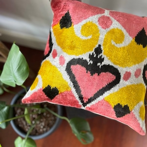 Colorful Velvet Pillow,Pink Heart Velvet ikat,16x16 ,Geometric Velvet ikat Pillow Case,Sofa Home Decor Velvet ikat Cushion,Decorative Pillow
