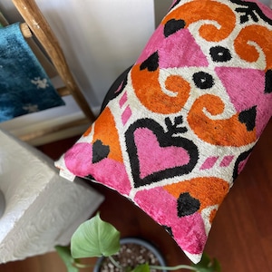 Orange Pink White ikat Cushion,16x24 Pillow Case,Heart Velvet ikat,Decorative ikat Pillow, Handmade Cushion,Velvet ikat Lumbar,Colorful ikat