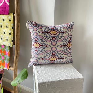 Ethnic Design White Pink Purple Velvet ikat Pillow,16x16 Colorful Lumbar ikat Pillow,Velvet ikat Pillow Cover,Decorative CushionCover