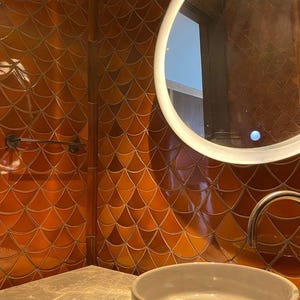 Handmade Burnt Orange Fish Scale Tiles: Moroccan Ceramic Bathroom Wall Tile