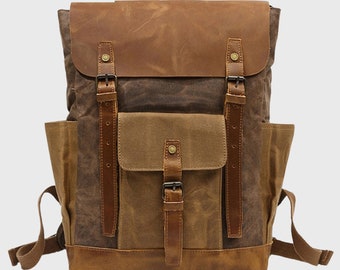 Full Grain Leather Canvas Backpack: Travel Laptop School Bag with Large Capacity